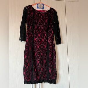 Erin pink with black lace fitted dress. Size small.